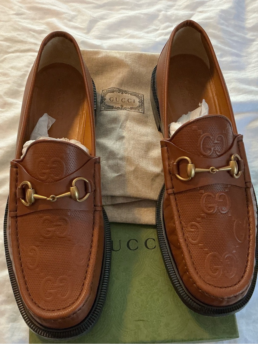 Gucci Brown Leather Horsebit Embossed Slip-On Loafers
